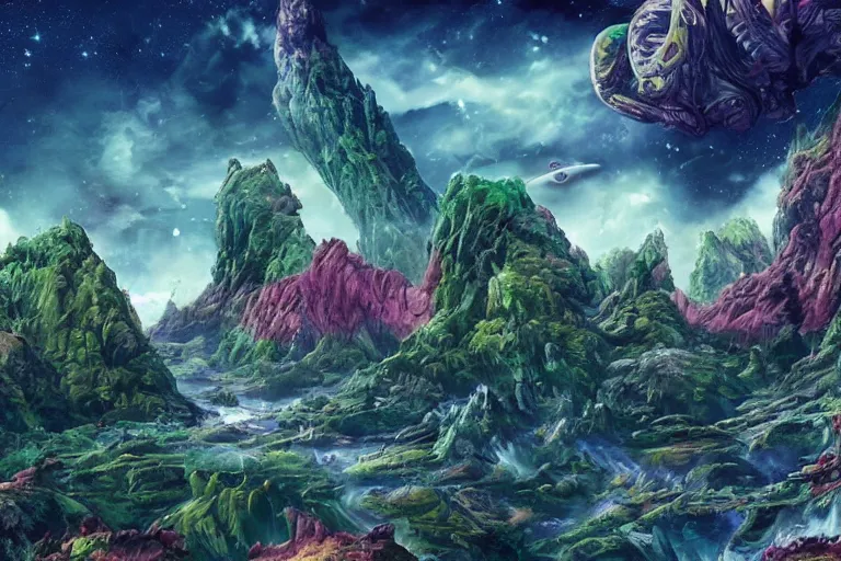 Prompt: photo of a beautiful alien landscape, alien fauna and flora, spaceships in the sky, style of jack kirby