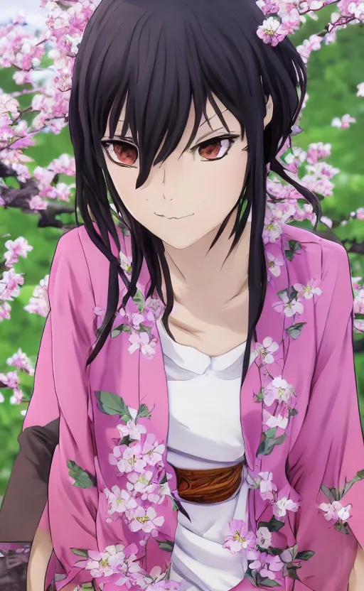 Image similar to anime style, gta 5, portrait of girl, yukata clothing, sakura tree in background, short hair, hair down, symmetrical facial features, from arknights, hyper realistic, happy face, extreme detail, 4 k drawing, safebooru, realistic lighting, by alphonse mucha, greg rutkowski, sharp focus, backlit