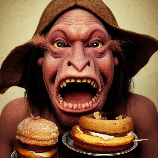 Image similar to closeup portrait of a medieval goblin eating cakes, depth of field, zeiss lens, detailed, symmetrical, centered, fashion photoshoot, by annie leibovitz and steve mccurry, david lazar, jimmy nelsson, breathtaking, 8 k resolution, extremely detailed, beautiful, establishing shot, artistic, hyperrealistic, beautiful face, octane render