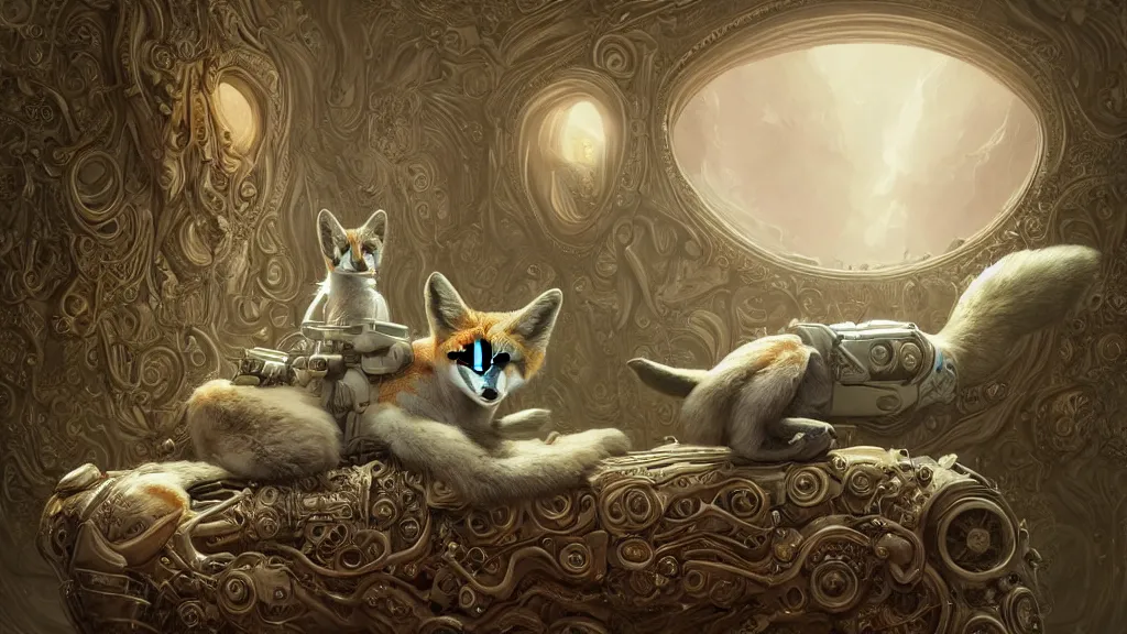 Image similar to a hyperrealistic photographical cream cyborg fox sitting on an ornate alien couch, symmetrical, intricate, detailed, volumetric lighting, sharp focus, photorealism, digital painting, highly detailed, concept art, by roger dean and beth cavener and simon stalenhag and mark brooks