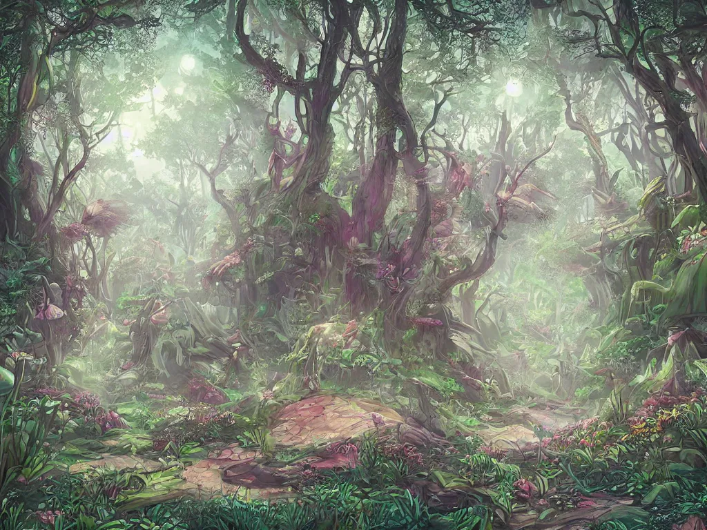 Prompt: a tranquil fantasy forest utopia illustration