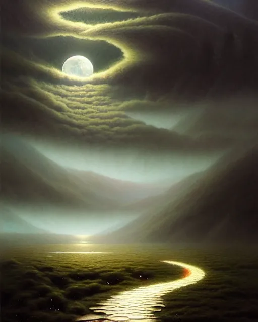 Prompt: a hyper - detailed 3 d render like an oil painting of the moonlit, northern path to the sunlit valley, surrealism!!!!! surreal concept art, lifelike, photorealistic, digital painting, aesthetic, smooth, sharp focus, artstation hd, by greg rutkowski, bruce pennington, valentina remenar, rhads, asher duran,