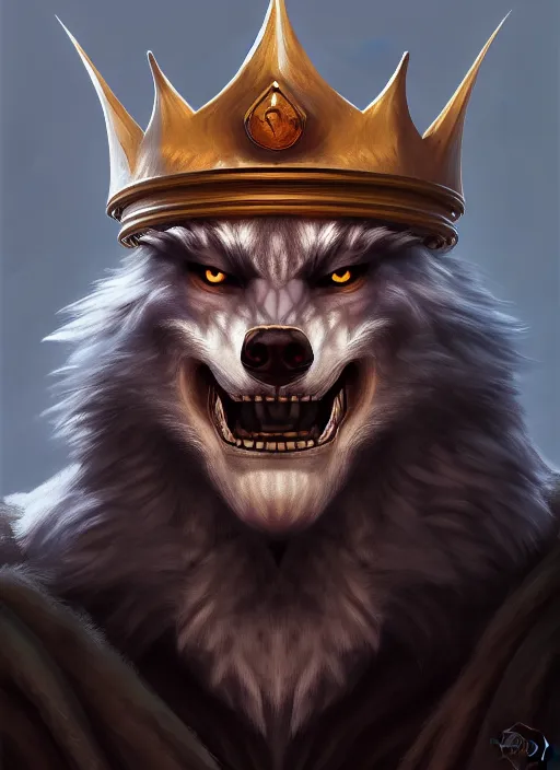 Image similar to portrait painting of werewolf king with crown, acrylic, daz. detailed, portrait, oil painting, artstation, unreal 5, hd, artgerm, dnd, rpg