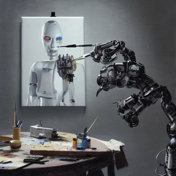 Image similar to robot artist painting a self - portrait on a canvas. intricate, highly detailed, photorealistic, film still, by greg rutkowski.