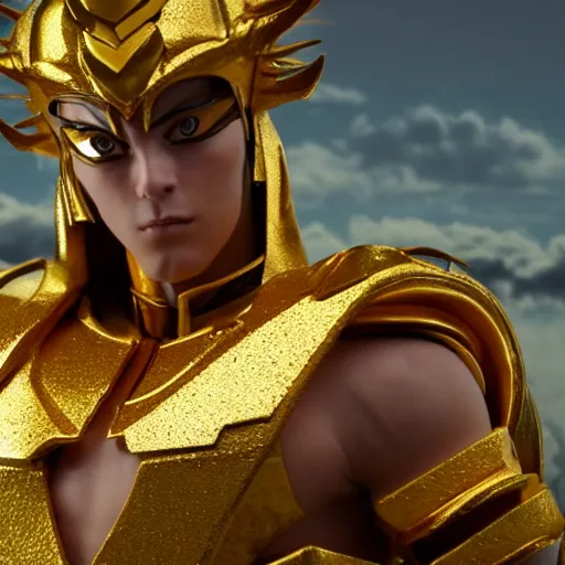 Image similar to a live action menacing, medium close - up, studio studio photographic portrait of the gold saint of geminis from saint seiya : knights of the zodiac, wearing gold armor, gemini gold cloth, in the background is the old temple of athena ( greece ), photoshopped, octane render, hyperrealistic, ultra detailed, symmetrical, 8 k, arnold render