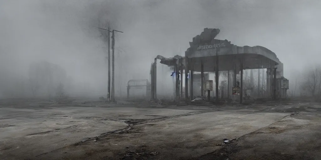 Image similar to a melancholic post-apocalyptic ruins of a gas station, mutants creatures swarming, atmosphere of silent hill, 8k, cinematic lighting, hd wallpaper, fog, Todd Hido, painted by gerhard richter, painted by Marlene Dumas