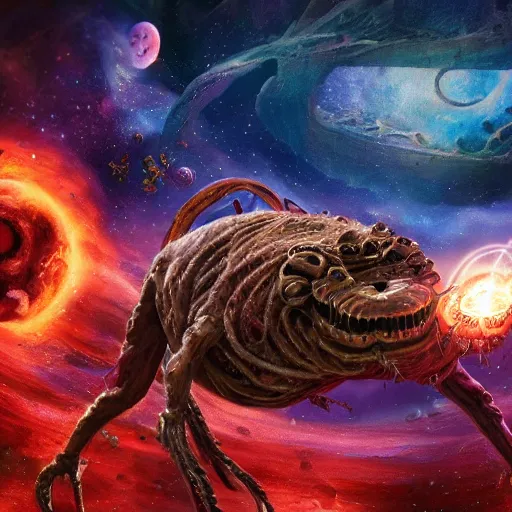 Prompt: one eldritch horror bloody garfield in space, galaxy, hd, 8 k, explosions, gunfire, lasers, giant, epic, realistic photo, unreal engine, stars, prophecy, powerful, cinematic lighting, destroyed planet, debris, movie poster, violent, sinister, ray tracing, dynamic, print, epic composition, dark, horrific, teeth