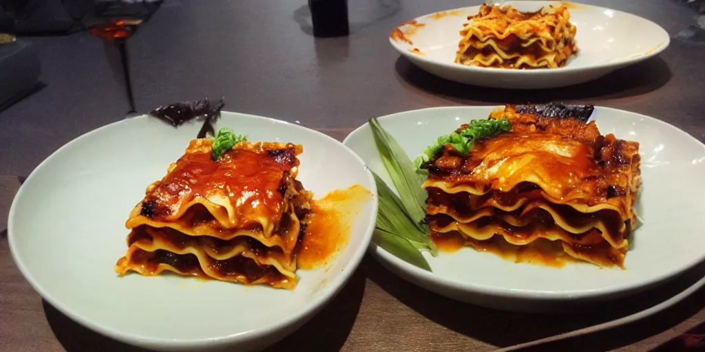 Image similar to japanese fusion cuisine, yakitori lasagna