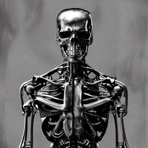 Image similar to terminator steel skeleton, looking away from camera, framed painting, digital painting, concept art, hyperrealism vrubel