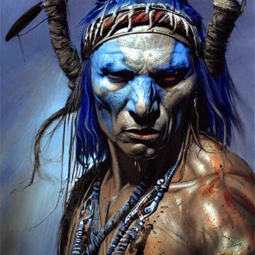 Image similar to art by simon bisley, primitive shaman warrior, atmospheric lighting, painted, intricate, blue and grey hour, ultra detailed