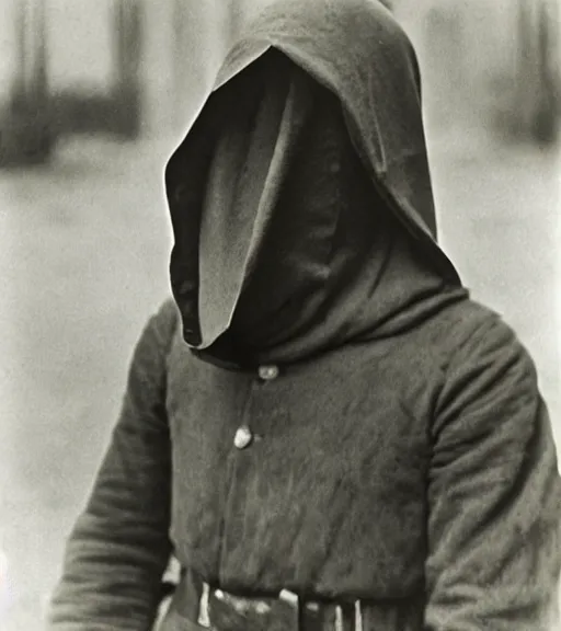 Image similar to a man at wearing hooded mask covering his entire face, distanced, ww1 film photo, grainy, high detail, high resolution