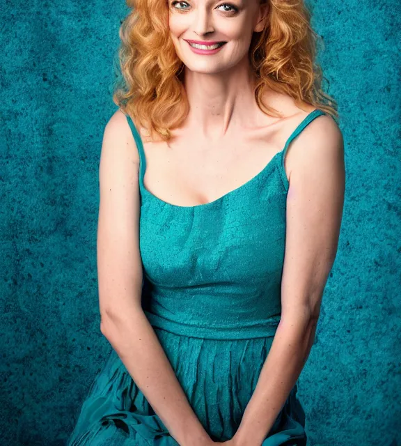 Image similar to beautiful portrait photo of Heather Graham, slight smile, 85mm, teal studio backdrop