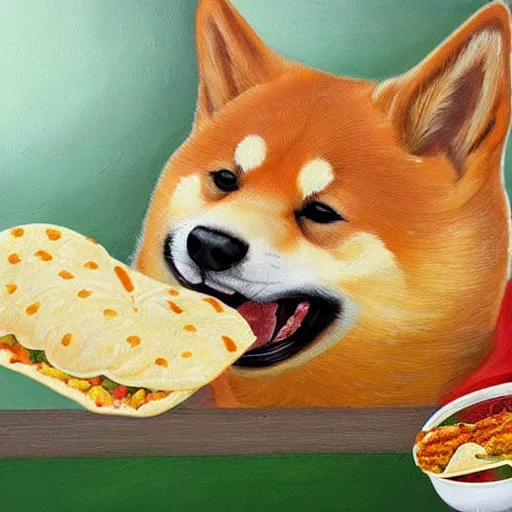 Image similar to beautiful detailed painting of a shiba inu eating a taco