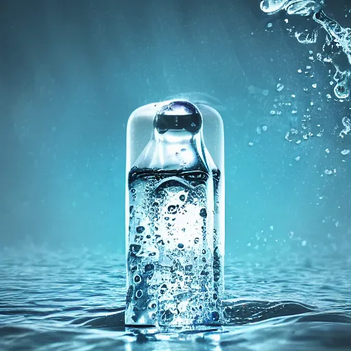 Image similar to water art manipulation in the shape of a human head in a bottle shape, on the ocean water, futuristic, glowing, hyper realistic, ray tracing, realistic water splashes, sharp focus, long shot, 8 k resolution, cinematic, photoshop water art