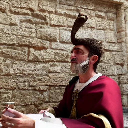 Image similar to a man wearing a roman costume drinking a coffee in alhaurin de la torre in spain