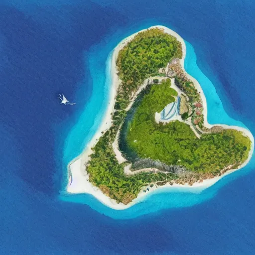 Image similar to a bird's - eye view of a island in de middle of the ocean, watercolor