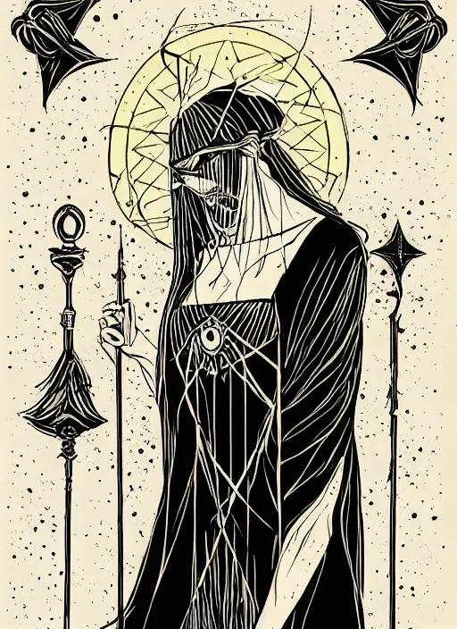 Image similar to tarot!!, high priestess, no noise, elegant, concept art, sharp focus, beautiful face!!, digital art, smooth defined outlines!!, human anatomy, human structure, vector background, dark fantasy, by Yukio Miyamoto