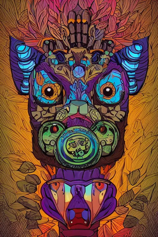 Image similar to animal mask totem roots flower tribal feather gemstone plant wood rock shaman vodoo video game vector cutout illustration vivid multicolor borderlands comics by josan gonzales and dan mumford radiating a glowing aura