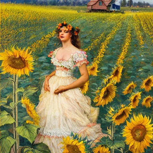 Prompt: a painting of a beautiful farm girl in a field of sunflowers, beautiful day, brushstrokes, by hans zatzka