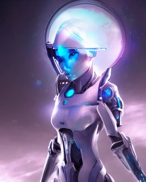 Image similar to perfect android girl on a mothership, warframe armor, beautiful face, scifi, futuristic, galaxy, nebula, raytracing, dreamy, long white hair, blue cyborg eyes, sharp focus, cinematic lighting, highly detailed, artstation, divine, by gauthier leblanc, kazuya takahashi, huifeng huang