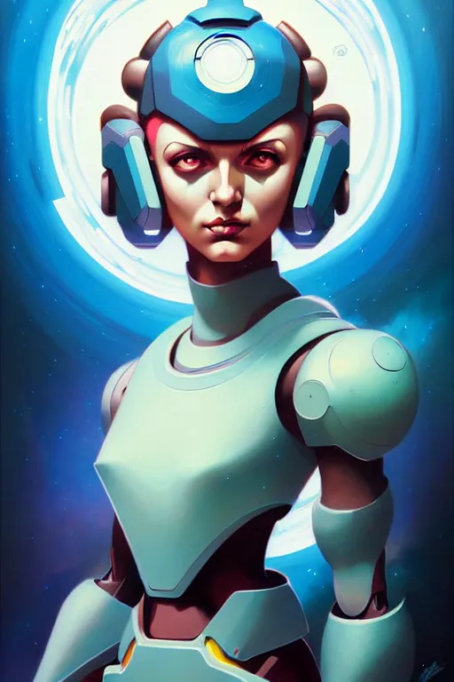 Prompt: Futuristic beautiful female megaman portrait by Peter Mohrbacher