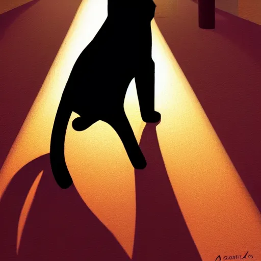 Prompt: an art station concept painting of a cat stretching in a hallway, silhouette, warm colors, back lit by Atey Ghailan and Craig Mullins,