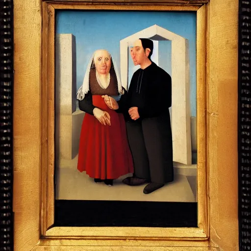 Prompt: a 3 / 4 portrait of an older nice jewish couple from 1 5 0 0 s, by grant wood