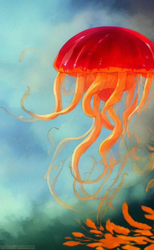 Image similar to jelly fish, autumn light, colorful, smoke, beautiful, by studio ghibli, digital art, concept art, sharp focus, illustration