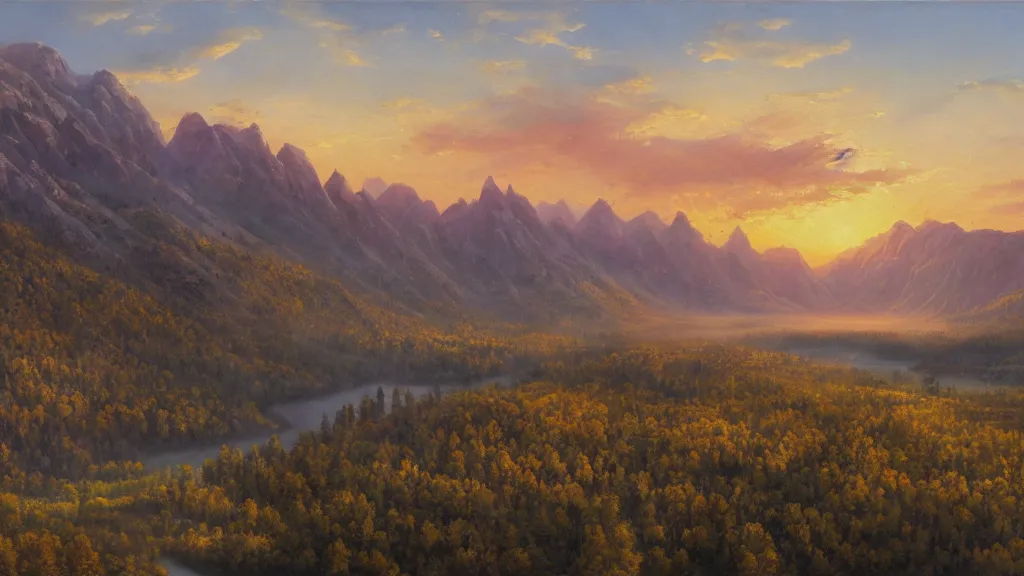 Image similar to The most beautiful panoramic landscape, oil painting, where the mountains are towering over the valley below their peaks shrouded in mist. The sun is just peeking over the horizon and the sky is ablaze with colors. The river is winding its way through the valley and the trees are starting to turn yellow and red, by Greg Rutkowski, aerial view