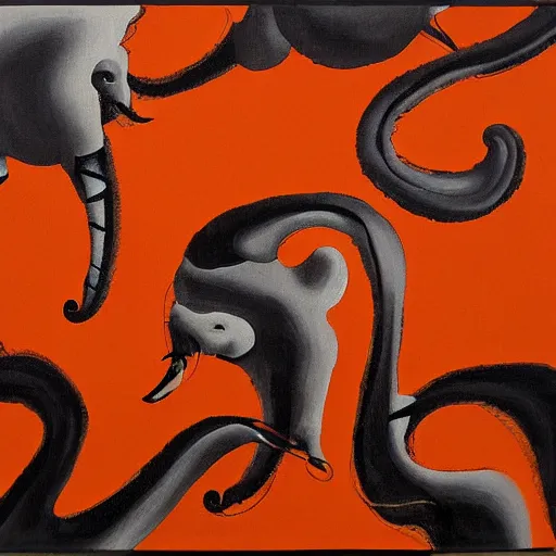 Image similar to An abstract painting of swirling elephants by Salvador Dali, orange and gray color palette