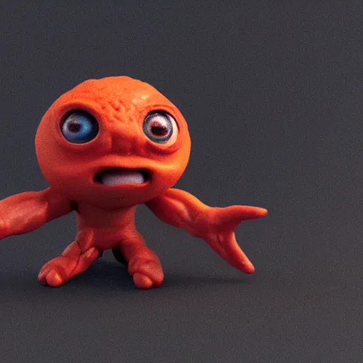 Prompt: photo of a comically tiny clay model of baby magma creature with a rocky body and large childlike eyes leans close to the camera, fish eye lens, 4 k, hyper realistic, hyper detailed face, octane render, comedic, cute