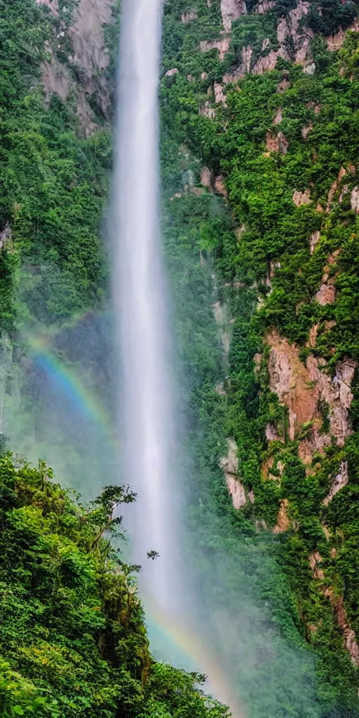 Image similar to A cloudy peak in southern China with one waterfall,rainbow in the middle of the waterfall. the style of National Geographic magazine