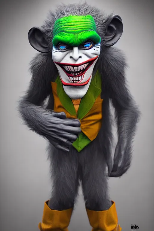 Image similar to anthropomorphic ape kid Cosplay of the joker, realistic and ultra intricate detailed soft painting, symmetrical, volumetric lighting, mist, Artstation, unreal engine, depth of field