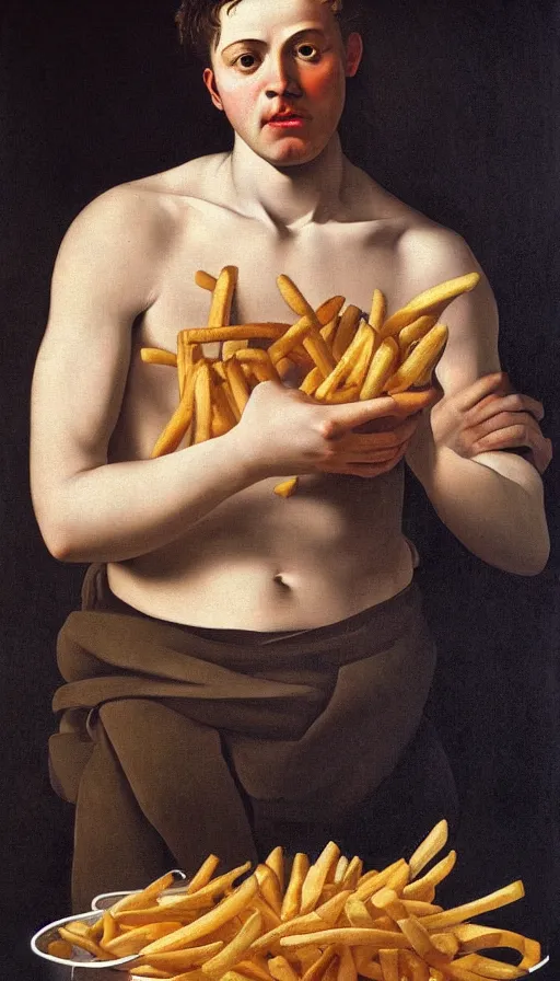 Image similar to hyperrealistic still life painting of a young man with a basket of fries, by Caravaggio, botanical print