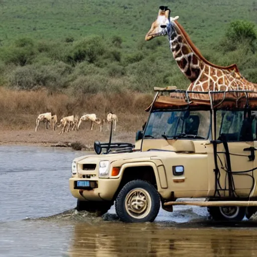 Prompt: a giraffe driving a safari car in south africa watching humans gathering in a giant river