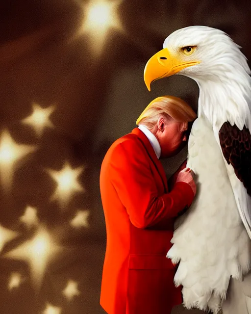 Prompt: Medium Shot Donald Trumps wearing orange pajamas kissing an american eagle, octane, dramatic lighting, editorial photo, 35mm, very detailed