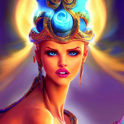 Image similar to all powerful genie, ecstatic, infinite power, manic, perfect eyes, full body shot, magical being, magic, portrait, noble, transformation, vivid colors, elegant, concept art, sharp focus, digital art, Hyper-realistic, 4K, Unreal Engine, Highly Detailed, HD, Dramatic Lighting by Brom, trending on Artstation