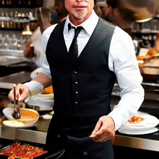 Prompt: brad pitt as a waiter at chili ’ s, stunning, 8 k