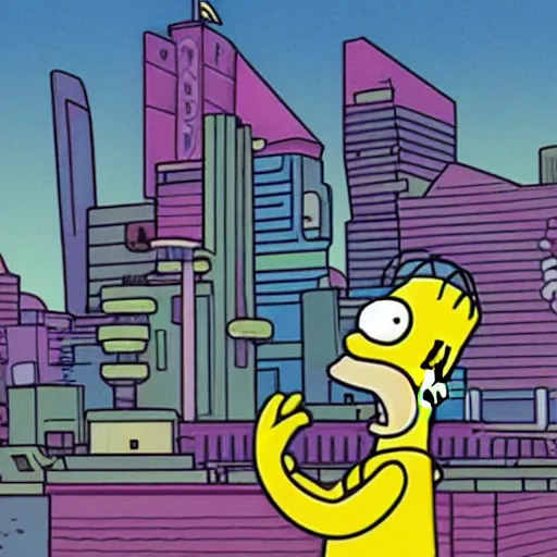 Prompt: homer simpson in a florescent stylized cyberpunk city