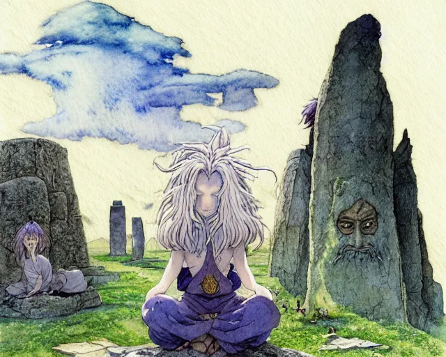 Image similar to a hyperrealist studio ghibli watercolor fantasy concept art of a giant long haired grey witch in lotus position sitting on top of stonehenge with a starry sky in the background. a group of tiny monks are prostrating them themselves. by rebecca guay, michael kaluta, charles vess