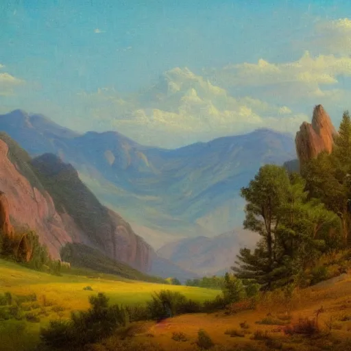 Image similar to Colorado mountains beautiful landscape derailed painting in the style of 19th century Hudson river school art