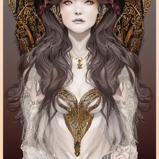 Image similar to A beautiful detailed portrait of a tempting young beautiful female fantasy sorceress with fair skin and long dark brown hair dressed in ornate magical clothing by Kirbi Fagan, trending on artstation