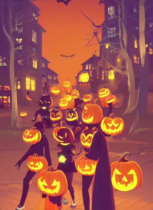 Prompt: group of trick or treaters walking the street halloween night. clean cel shaded vector art. shutterstock. behance hd by lois van baarle, artgerm, helen huang, by makoto shinkai and ilya kuvshinov, rossdraws, illustration, art by ilya kuvshinov