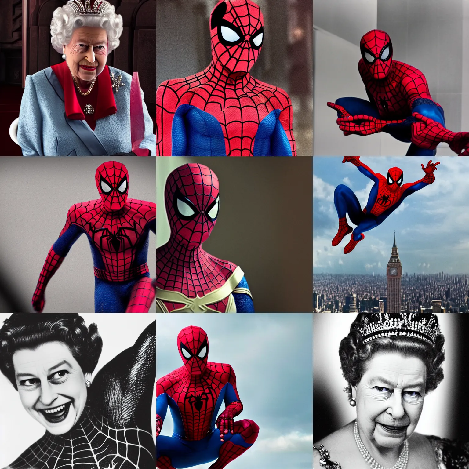 Prompt: queen elizabeth ii as spiderman, cinematic photograph