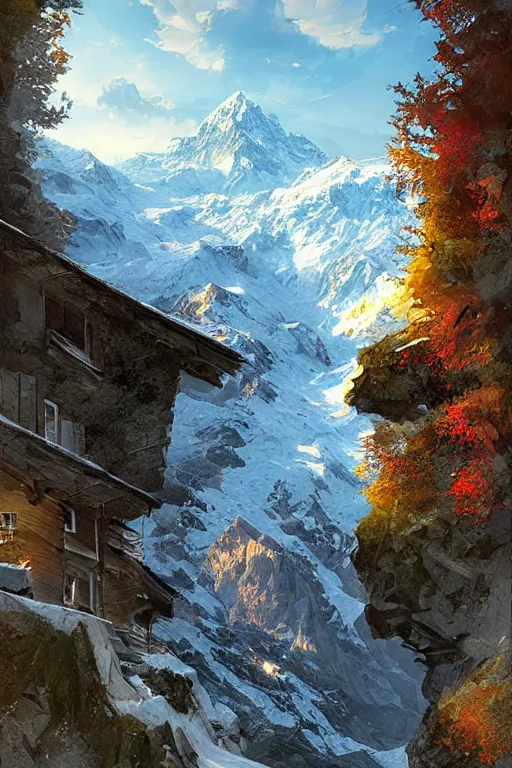 Prompt: beautiful digital illustration Swiss Alps by Marc Simonetti