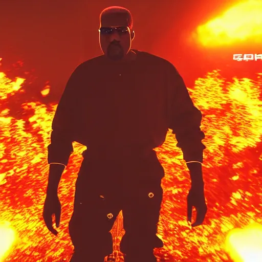 Image similar to Kanye West as Duke Nukem, splash art, movie still, cinematic lighting, dramatic, octane render, long lens, shallow depth of field, bokeh, anamorphic lens flare, 8k, hyper detailed, 35mm film grain