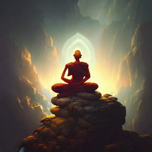 Image similar to in the style of peter mohrbacher, a glowing monk floating and meditating on a rock, dystopian landscape, intricate, masterpiece, award winning, fantasy, hyperrealism intricate