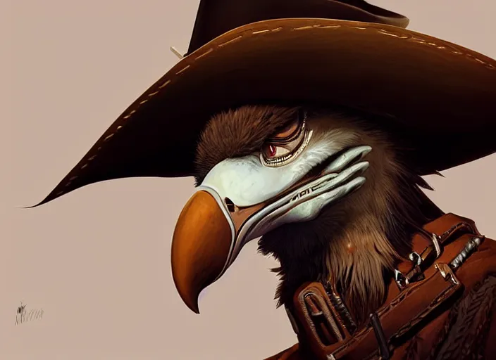 Image similar to character portrait feature of the anthro male anthropomorphic vulture fursona wearing cowboy outfit wild west desperado character design stylized by charlie bowater, ross tran, artgerm, makoto shinkai, detailed, soft lighting, rendered in octane
