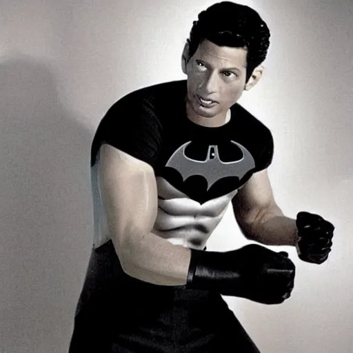 Prompt: young jeff goldblum as bruce wayne, muscular, batman t shirt, no glasses, film still, medium shot