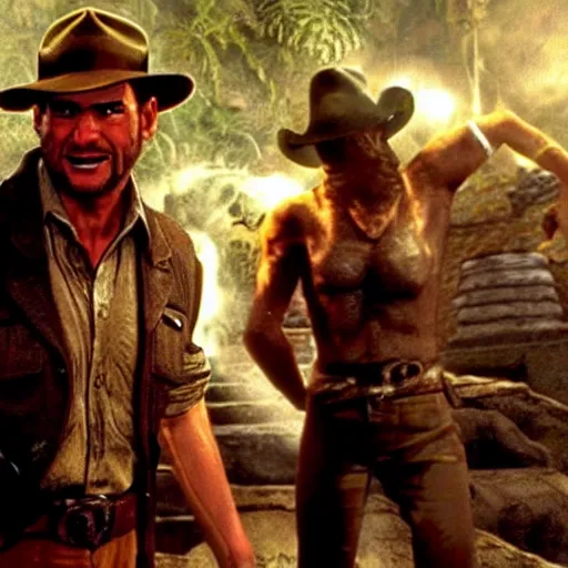 Image similar to a still of from the movie indiana jones and the temple of doom crossover with the game demon's souls